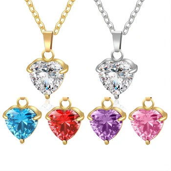 18K Gold Plated Heart Diamond CZ Zircon Birthstone Charm Pendant Stainless Steel Cross Chain Women Necklace Jewelry
