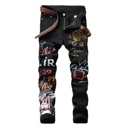 Hot Sale Graffiti Print Men Biker Jeans Plus Size Skinny Jeans Pants Stretch Straight Denim Trousers for Men