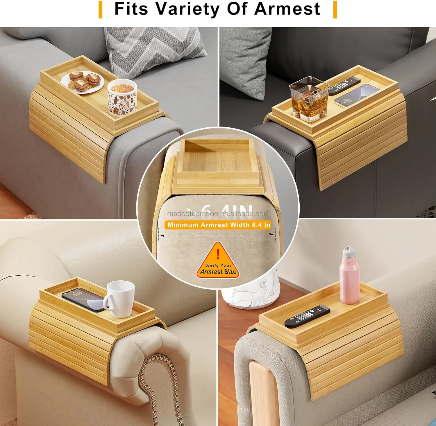Small MOQ Modern Wooden Portable Sofa Armrest Tray Detachable Sofa Snack Table Natural Bamboo Sofa Armrest Tray Table for Couch