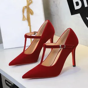 8356 Women's Elegant French Pointed Toe High Heels Sexy Stiletto with Versatile Red Sole  T-Strap Shallow Mouth Thin Heels