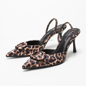 1235B-9 Hot Selling Satin Slingbacks Sandals Pointed Toe Thin Heel Elegant Summer Women Fashion Leopard Print High Heel Sandals