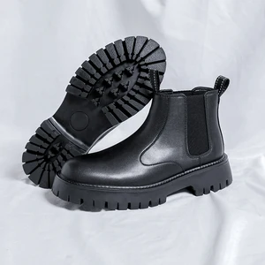 Winter New Custom logo Men's Casual PU Leather Shoes Padded High Top  Black Leather Boots Men Ankle Boots