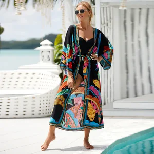 Beach Smock Rayon Positioning Printed Cardigan Holiday Sunscreen Kimono Shirt Beach Cover up