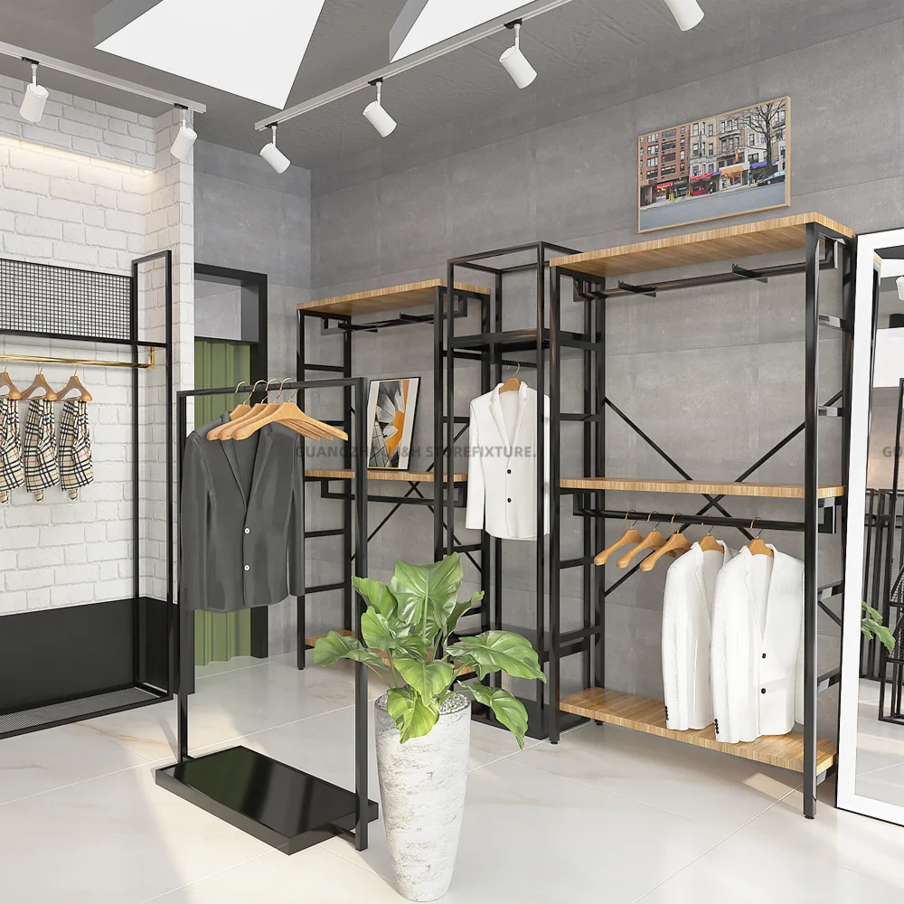 Multifunctional Boutique Furniture T Shirt Display Racks Clothing Stand Metal Garment Clothing Racks for Store Men