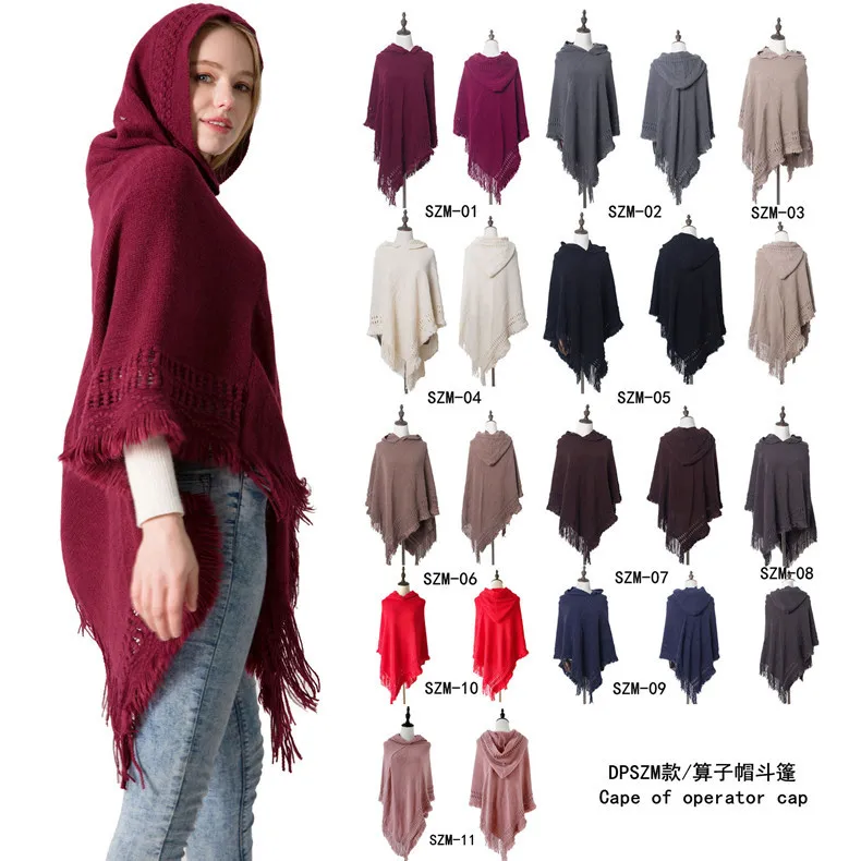oversized fashion knit tassels cloak capes phocho sweater  scarf Knitted hooded cape shawl