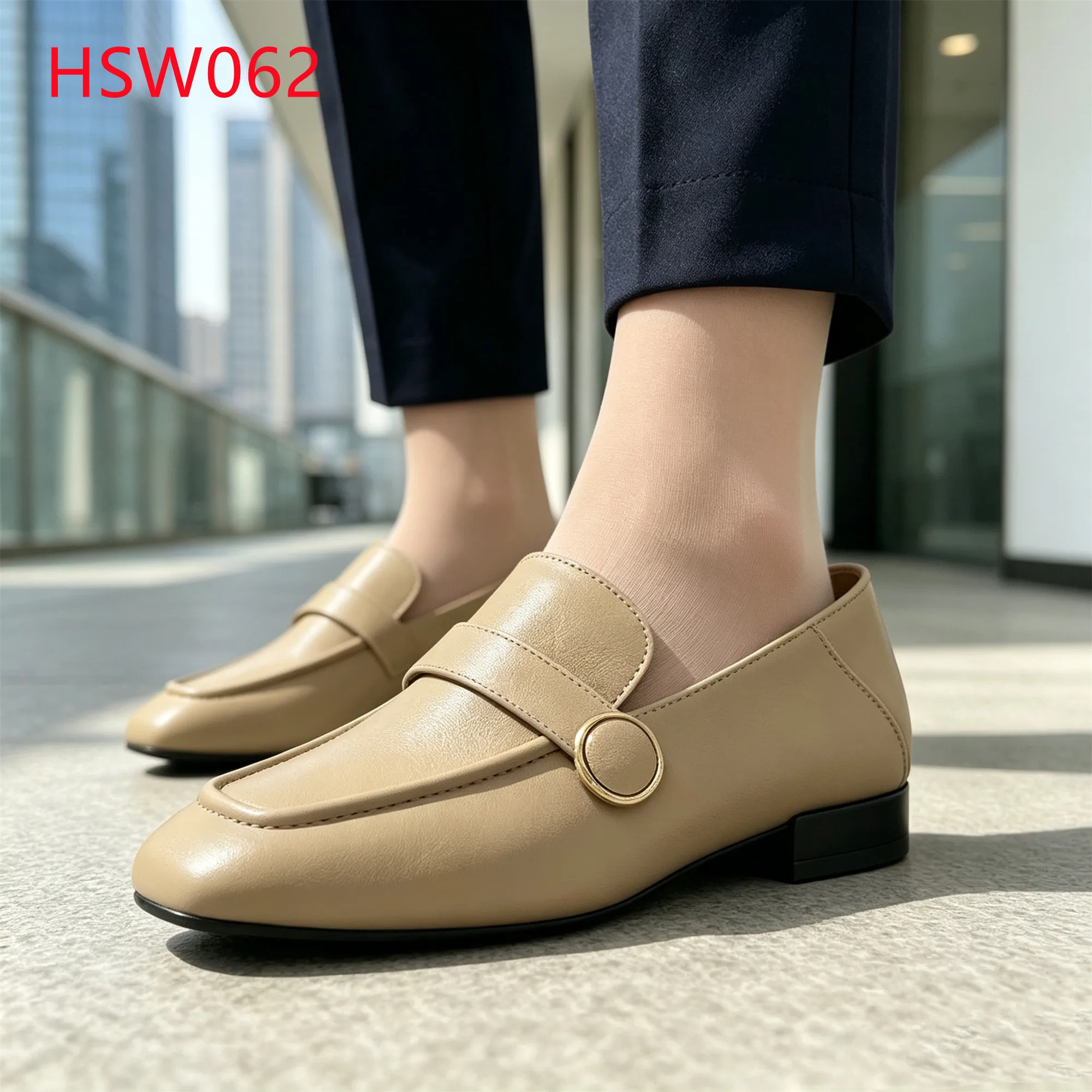 LXG,Daily Formal Wear Single Strap Across Vamp Lady Loafer Shoes Square Toe Design Beige Color Hua Singh Moccasin Shoes HSW062
