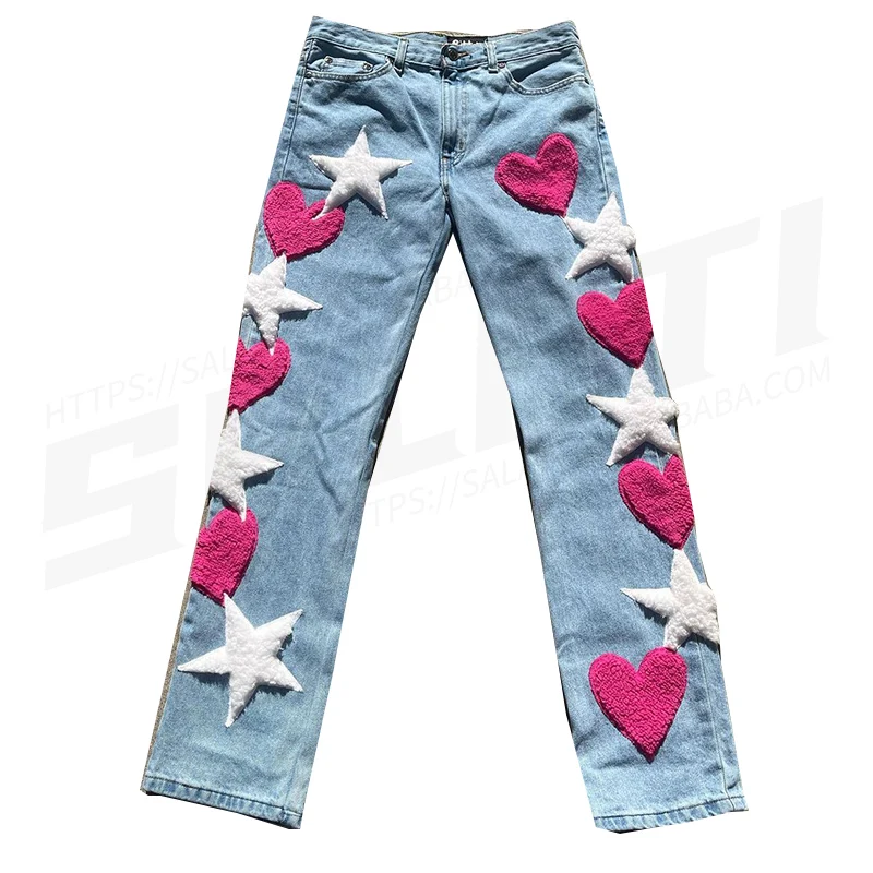 Custom Streetwear Trousre Cotton Fluffy Embroidery Patch High Wais Stretch Button Mens Denim Jeans Pants gallery 5