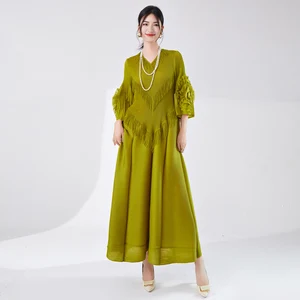 Women's Design Long V-Neck Tassel Dress Popular New Vestido Style Temperament Loose Large Pleated Elegant Dress for Women