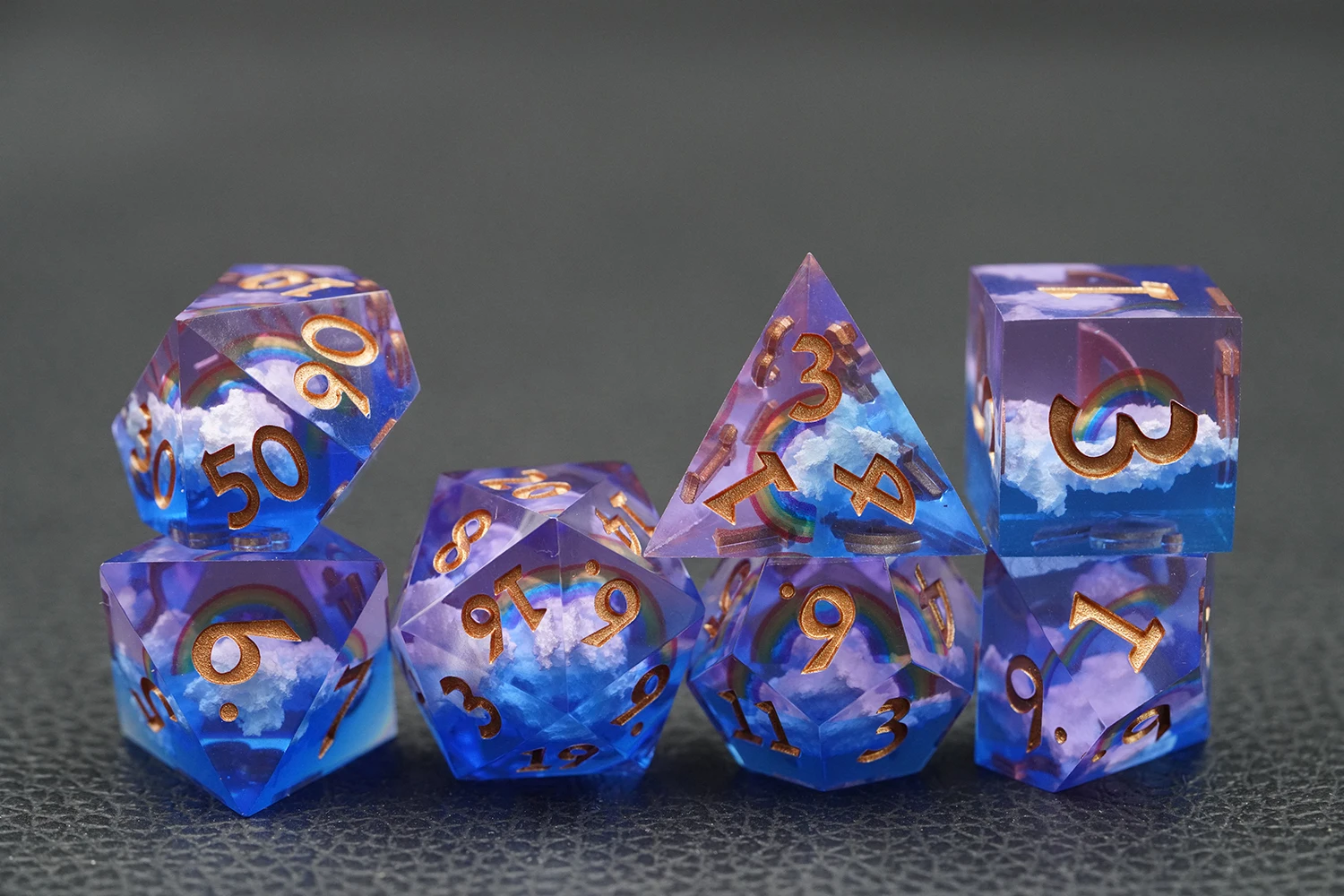 Rainbow and Clouds Resin DND Dice Set Core Sharp Edge DICE with Gold Number details