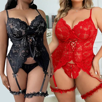 Sexy Slim-Fitting Bodysuit Lingerie and Garter Belt Lace Embroider See Through Erotic Nightdress Pretty Women Seductive Teddy