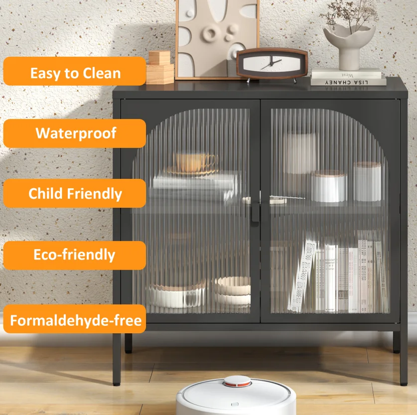Sideboard aus Metall, Aufbewahrungsschrank mit 2 Glastüren, moderner Schrank mit verstellbaren Einlegeböden für Küche und Wohnzimmer_voghion.com