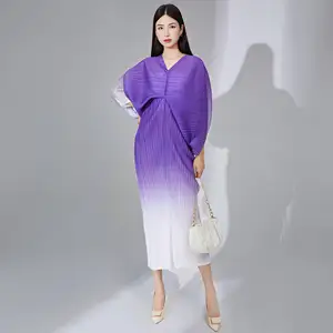 Miyake High Collar Dress Plus Size Pleated Batwing Sleeve Casual Fashion Stretch Elastic Ombre Colors Elegant Women's Dress