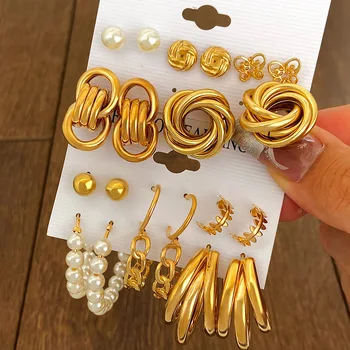 Trendy Fashion Jewelry Alloy With Exaggerated Circle Geometry Pearl Twist Pattern Earring Set For Women