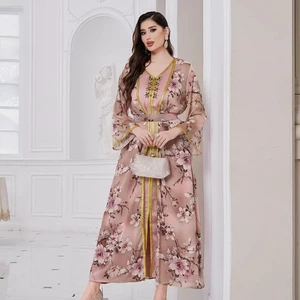 Modest  Turkey Muslim Fashion Floral pink Abaya Dubai  Kaftan for EID  Ramadan
