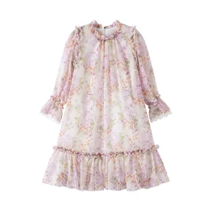 Ages 2-12 Breathable Floral Print Chiffon Girls Dress Ruffles Perfect Princess Dress for Spring Summer