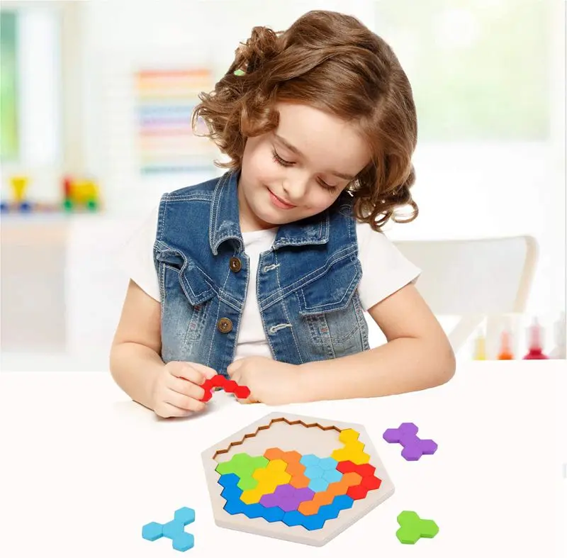 Wooden Puzzle Block Tangram Kid Adults Logic Game Montessori Educational Toy 