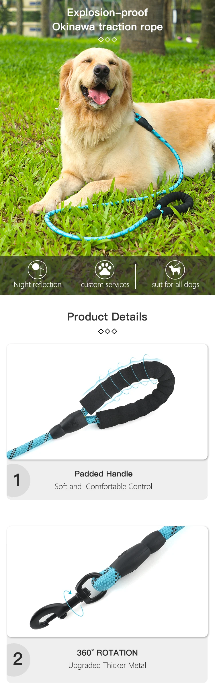 Factory Price Dog Leash Reflective Round Braided Nylon Dog Rope Leash