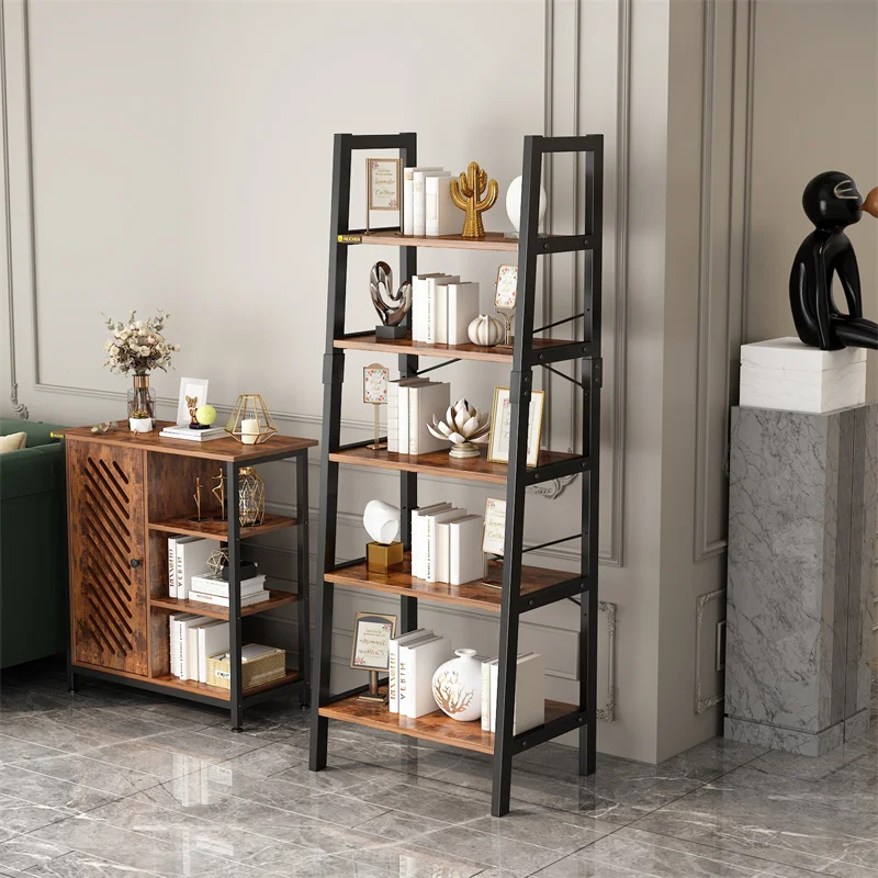 YQ Forever Furniture Modern Design Wood and Black Metal Living Room Decorative Storage Rack Bookcase Bookshelves Cabinet