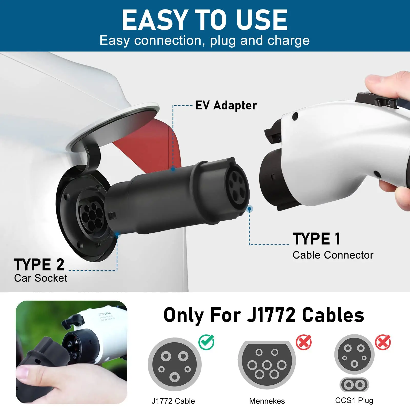 Adaptateur De Charge Pour Voiture électrique Duosida - Type 1 Mâle J1772 Vers Type 2 Femelle