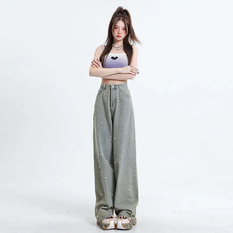 Fashion Women's Heavy Craft Pearl High Waist Straight Wide Leg Denim Pants