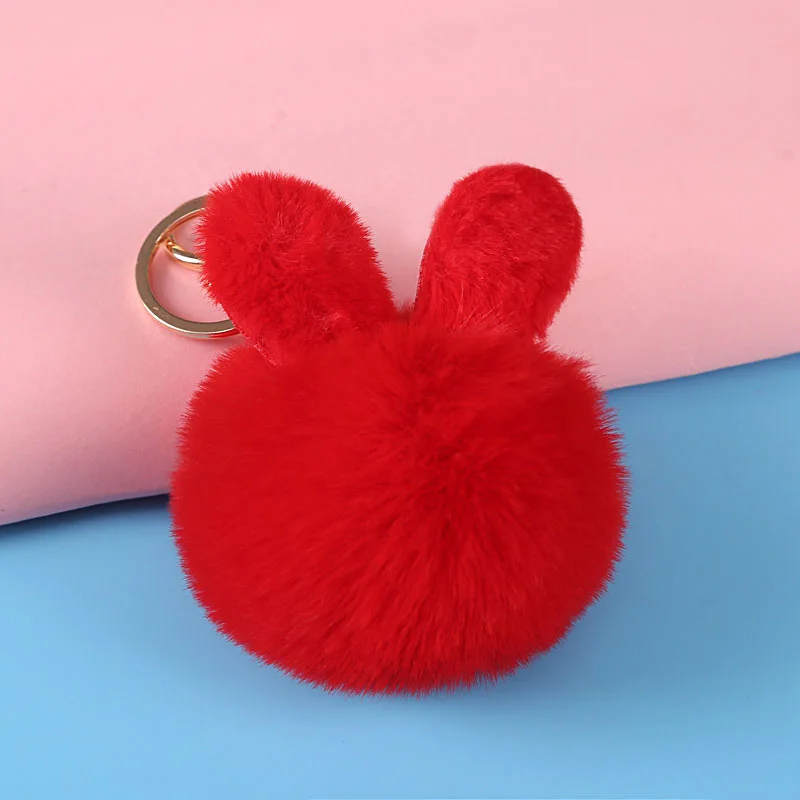 Rabbit Ears Fur Ball Bag Charms With Golden Key Rings Ear Pom Pom