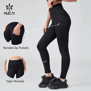 HUCAI Custom logo High Quality Black Polyester Spandex High Waist Zipper Pocket Sports Yoga Pants Gym Leggings for Women