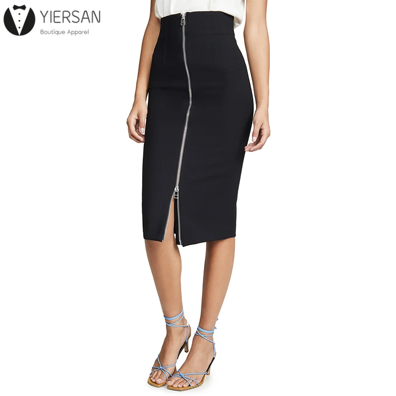 Office Ladies Plain Front Zipper Open Slim Fit Pencil Midi Skirt