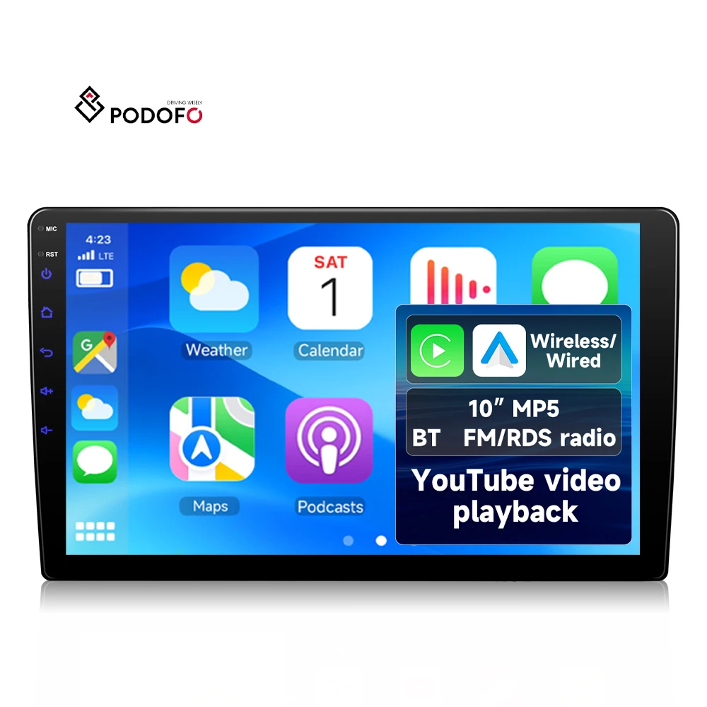 Podofo 2 Din 10'' Car MP5 Player Wireless CarPlay/Android Auto Car Radio IPS Touch Screen Car Stereo BT OEM Wholesale Factory A4640