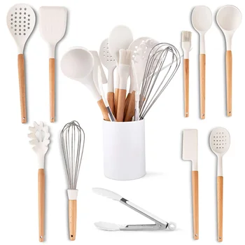 New Arrive 2022 Amazon Kitchen Accessories Heat Resistant 11 Pcs Cooking Tools With Wood Handle White Silicone Utensil Set