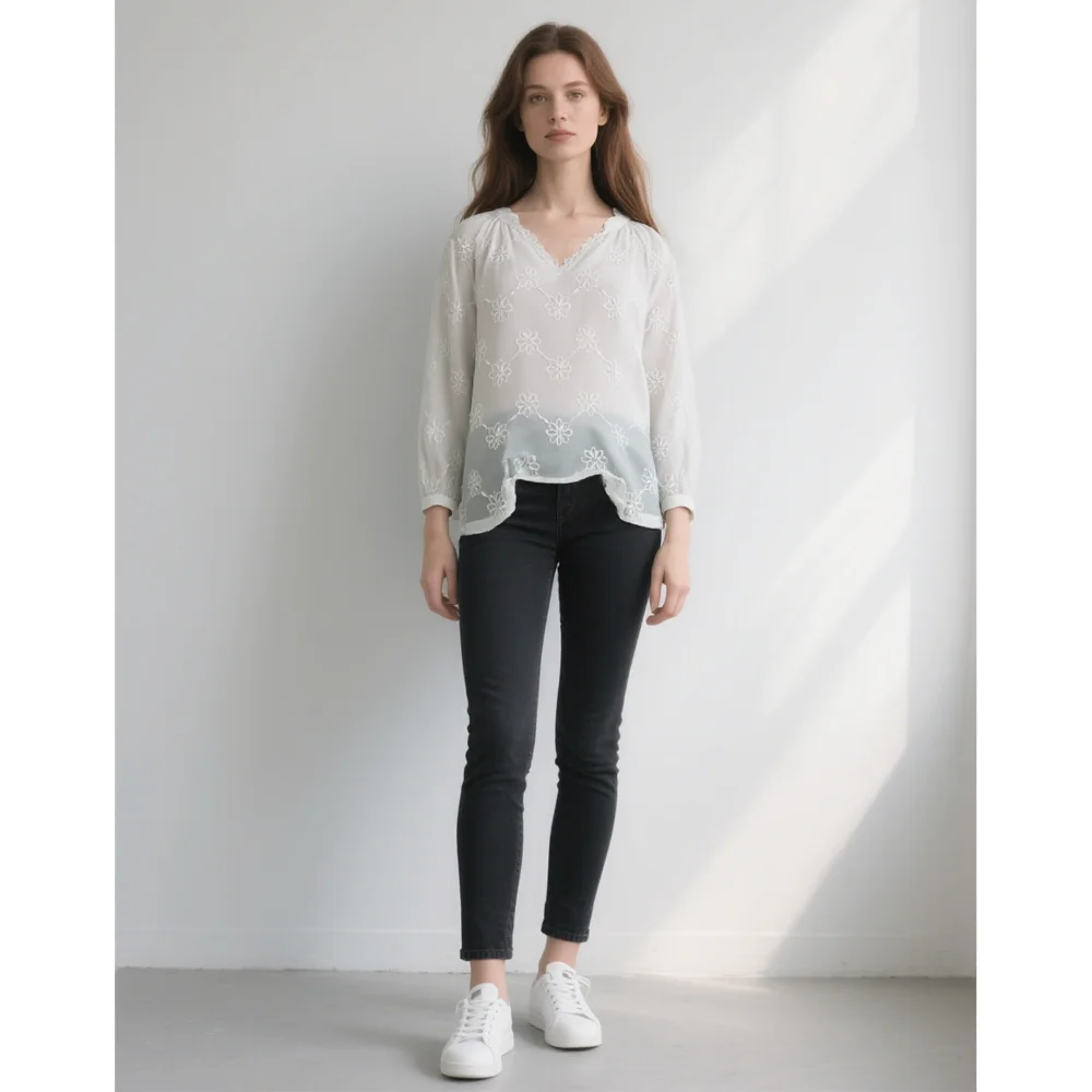 Casual Mode Lantern Lengan Sulaman Kerah Bulat Lengan Panjang Casual Blouse Spring Summer Shirt