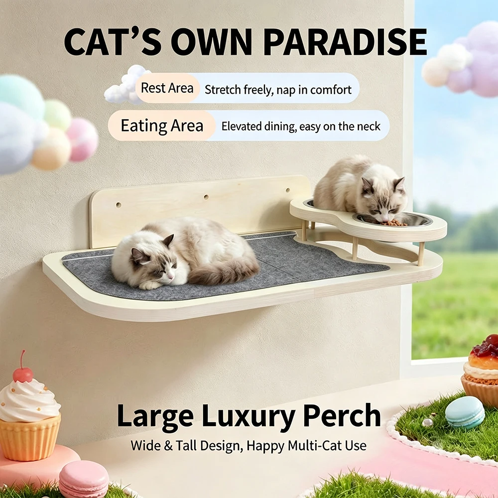 product wall hanging wooden cat furniture combination sleeping platform double feeder bowl wall scene decor multi function-4