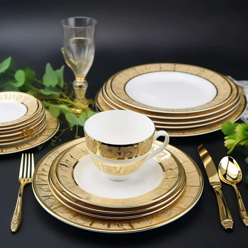 Custom Luxury Embossed Gold Tableware Royal Style Bone China Dinnerware