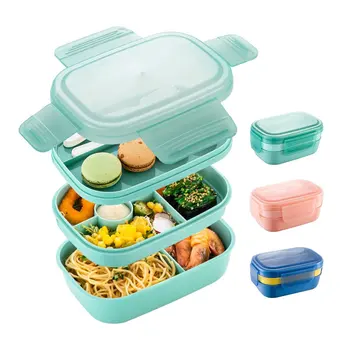 Dining Out 3 Layers Food Containers Leak-Proof Plastic Stackable Bento Box Lunch Box with Cutlery