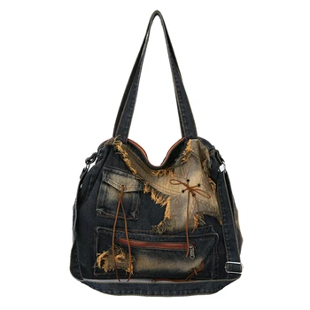 New fashion Denim Lady Shoulder Bag  Vintage Large Capacity Distressed Street Hip Hop Fashion Purse Travel Bucket Handbag