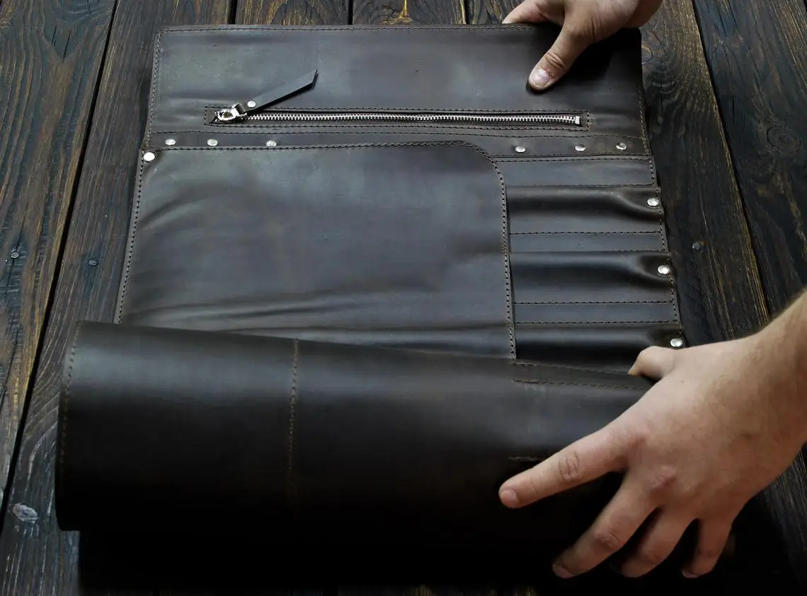 Leather Knife Roll Kit Custom Tool Storage Bag Genuine Leather Air & Sea Lightweight Lifetime Puratan Unique Tool Storage