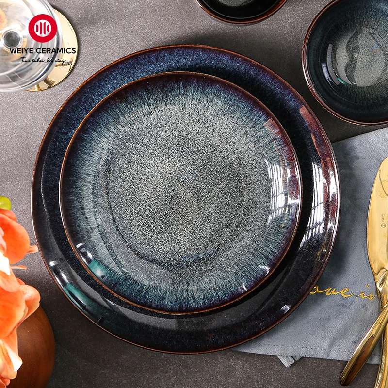 WEIYE Newest Design Recycled Stoneware Chinese Black Rustic Glaze Ceramic Kitchen Plates Set Dinner Dinnerware