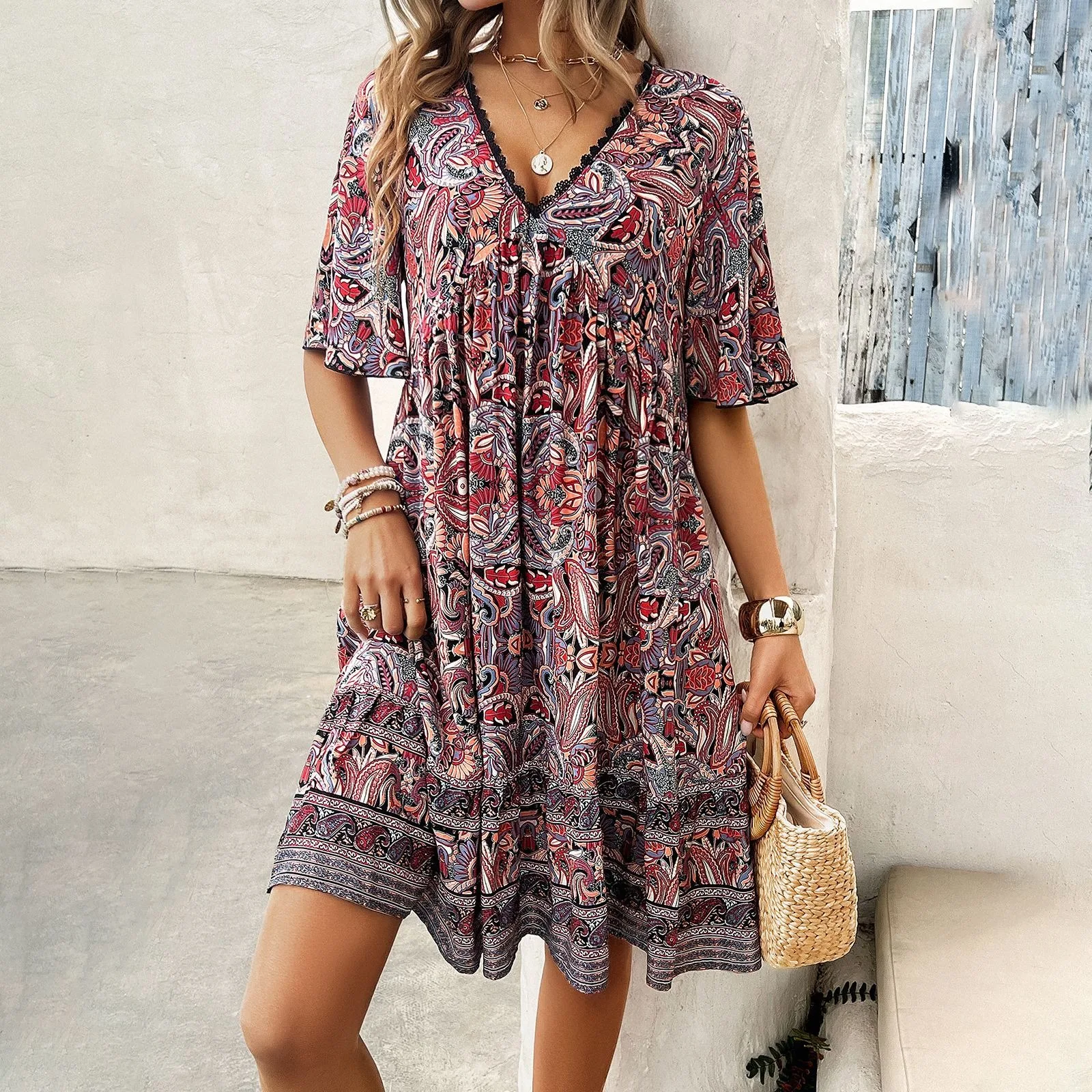 B904 2024 Women's Casual V-Neck Dress Short-Sleeved Summer Dress with Loose Printed Chiffon Washable New for Ladies