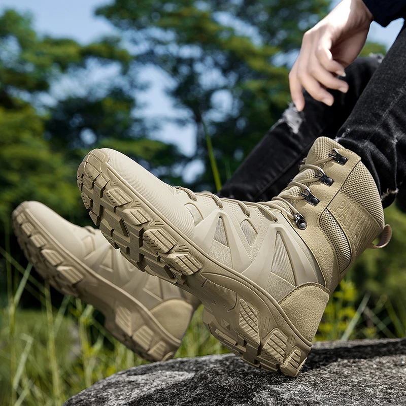 Custom Pu Leather Black Combat Shoes Leather Ankle Boot Travel Hiking  Operator Rubber Tactical Boots Hiking Boots Men