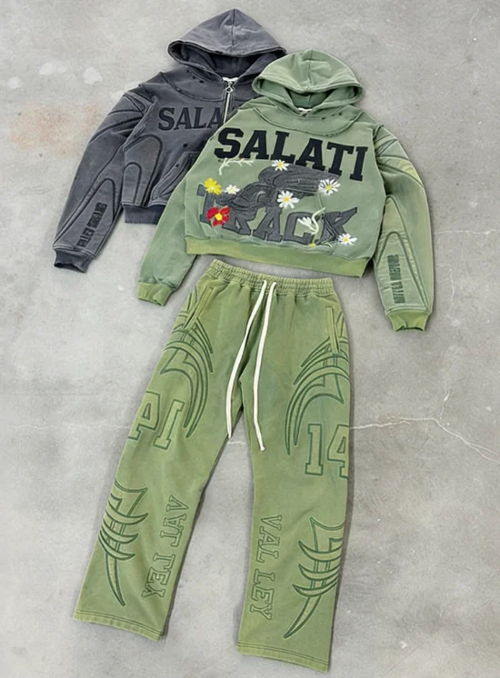 Salati Custom Sun Faded Embossing Manufacturers Acid Wash Vintage Zipper Cropped Tracksuit Hoodies Sweatpants and Hoodie Set gallery 4