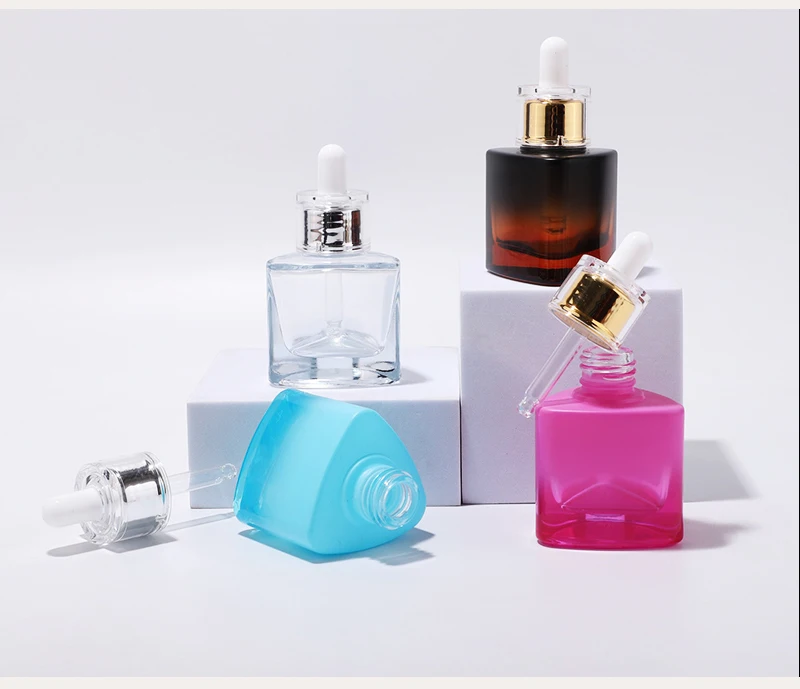 Luxury Triangle 30ml Thick Bottom Dropper Bottle Blue Serum Lotion Skincare Bottles Glass Cosmetic Bottle