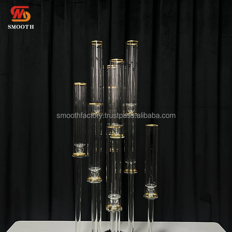 SMOOTH Gold Rim 10 Arms Design Candelabra High Quality Glass Wedding Banquet Restaurant Table Decor