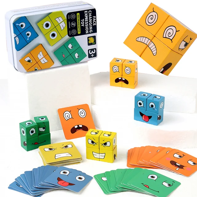 Changing face expression toy building blocks Cube wooden children's early education enlightenment children's table game