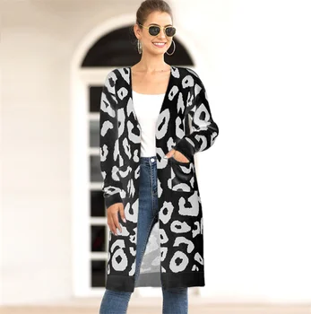 Factory Customization Long Leopard Pockets Winter Coats For Ladies Women Cardigan Sweater