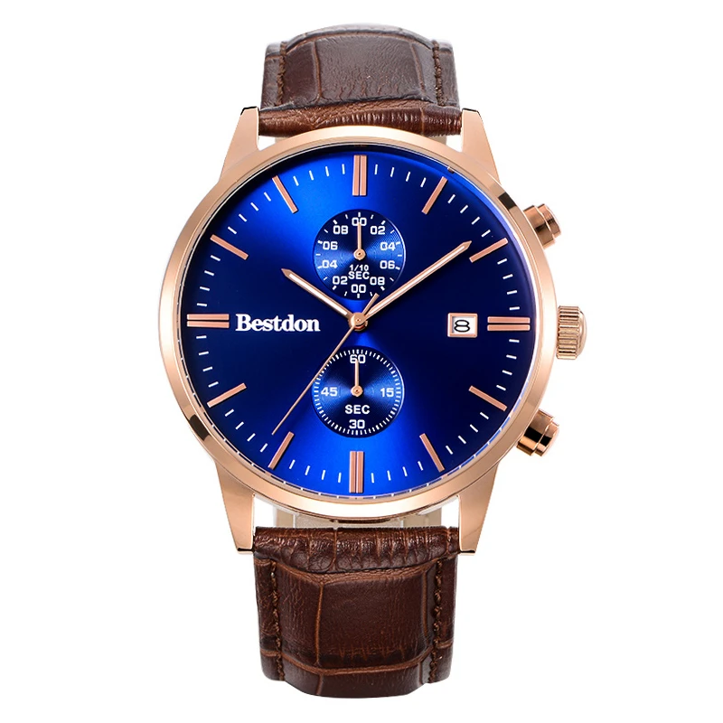 Casual and Sport Style Clock for Gift Choice Genuine Leather Band Multi Function Mens Chronograph Watches Waterproof 3ATM