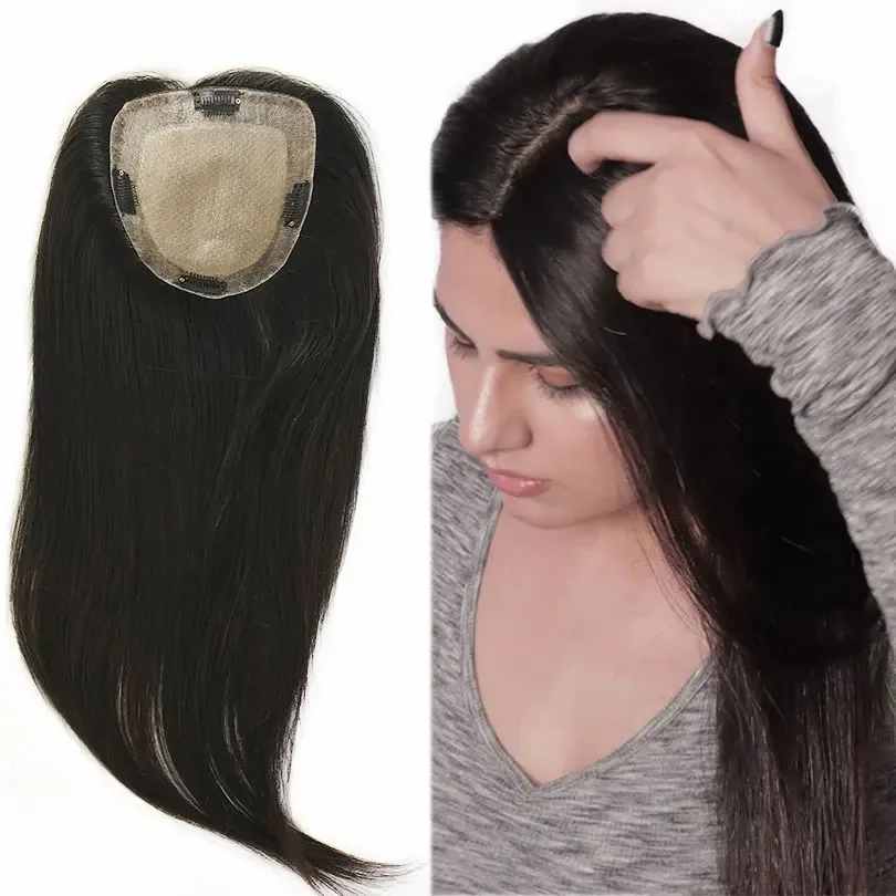 European Virgin Human Hair Topper Silk Top Skin Base Toupee with Clips Hair Piece Natural Black_voghion.com