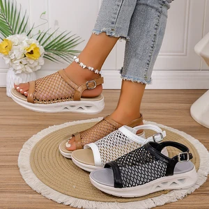 Large Size Casual Flat Lady Fish Mouth Mesh Sandals Plus Size Women's Flat Thick Bottom Back Strap Sandal Fashion Trend Shoes