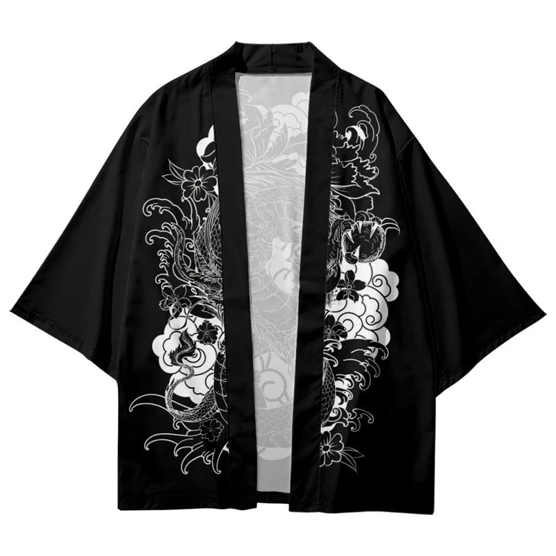 Black And White Drawing Cartoon Dragon Print Traditional Kimono Men ...