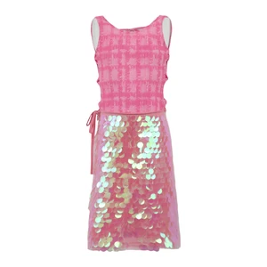 Red Textured Sleeveless Girls Party Dress O-Neck Sequin Open Back Tie Design Children's Casual Festive Dress