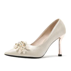 Chic Women's Comfortable Summer Ivory Satin Slip-On Pointed Toe Stiletto Heel Pumps with Pearl & Rhinestone Solid Pattern Prom