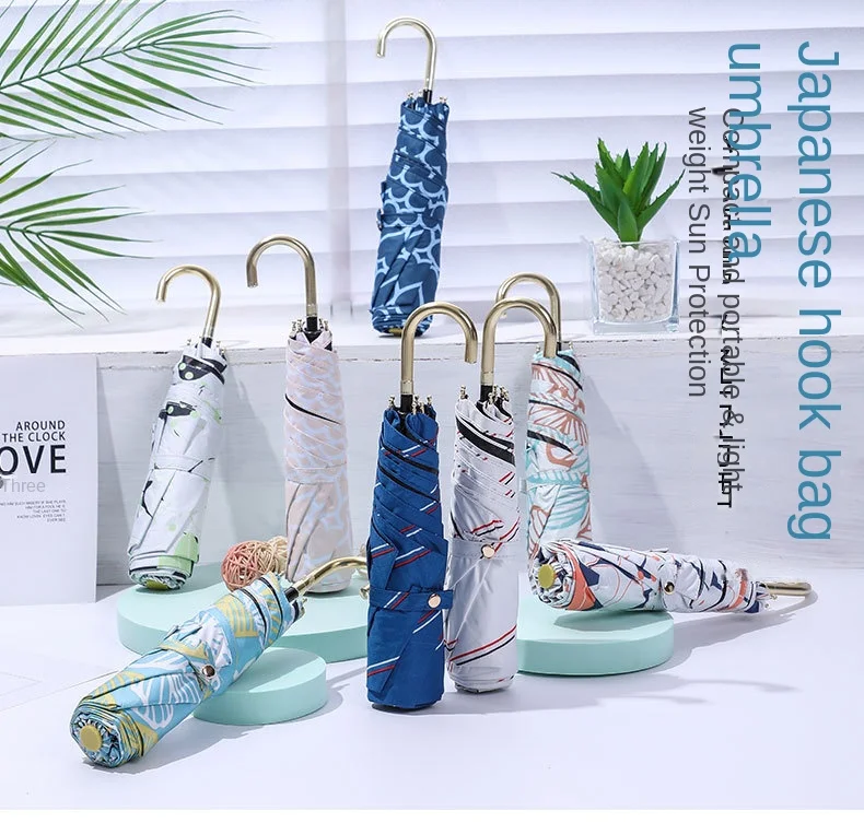 Printing 6k Three Folding Pocket Rain Ladies Sun Umbrellas Semi-Automatic J Shape Handle Umbrella
